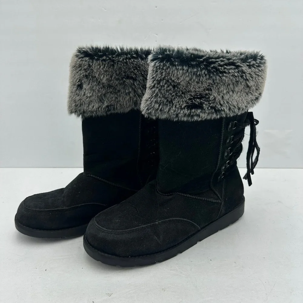 Rampage Aligner Womens Y2K Black Faux Fur Trim Back Lace Up Size 7.5 Bratz Goth